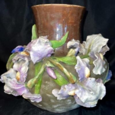 Antique 19th C. FRENCH MAJOLICA VASE With Sculpted Irises