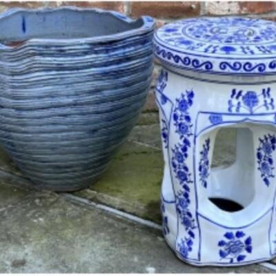 Blue & White GARDEN STOOL And PLANTER