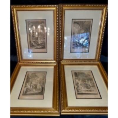 Antique Black & White Gold Framed Illustrations From The 16th Century Book On FABLES