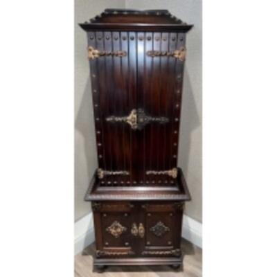 ANTIQUE Dark Brown OAK WOOD CABINET With Shelving