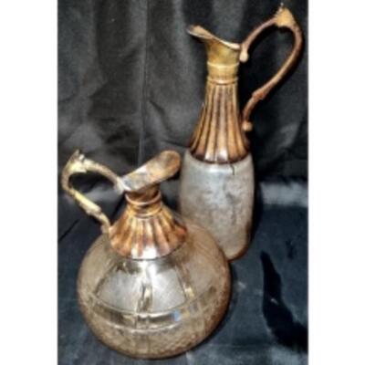 Vintage Rose/Peach Colored DECORATIVE GLASS PITCHERS WITH PATINATED HANDLES  