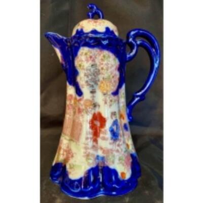 Antique Japanese KUTANI GEISHA WARE Chocolate POT With Cobalt Blue Trim