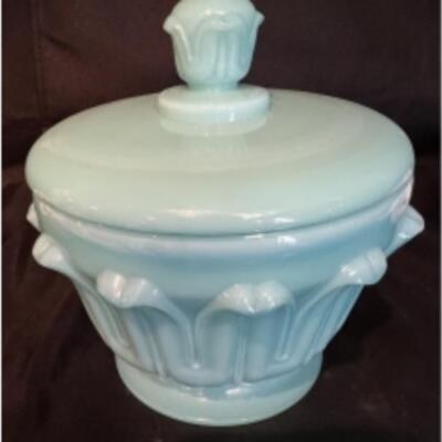 PORTIEUX VALLERYSTHAL Antique Opaque French Blue Milk Glass Footed Bowl With Lid 