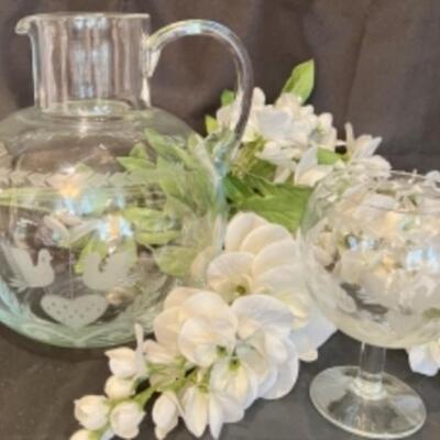 TIFFANY Acid Etched Art Glass Pitcher And Goblet With Entwined Love Birds