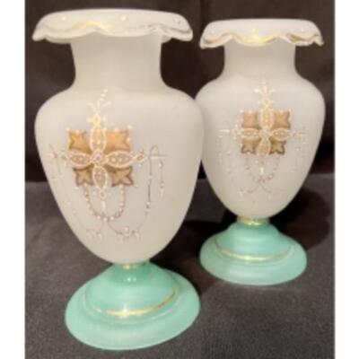 Gorgeous Pair Of Antique Milky White BRISTOL GLASS VASES