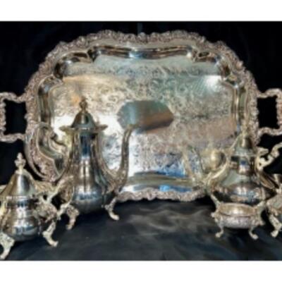 Substantial SHEFFIELD SILVER Plated Coffee/Tea Set And Sterling Salt Cellar