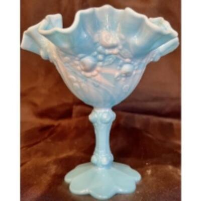 RARE Antique FENTON Powder Blue And White Crimped & Swirled Art Glass  