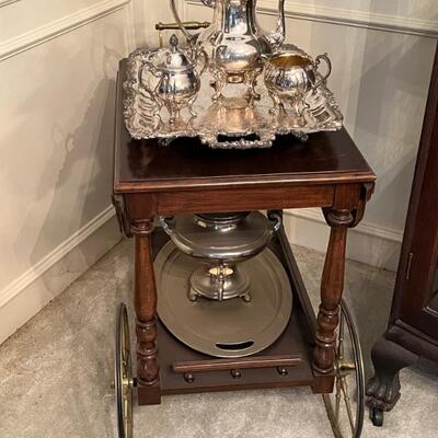 Vintage Tea Cart. Antique Silver Plate Tea Set . 
