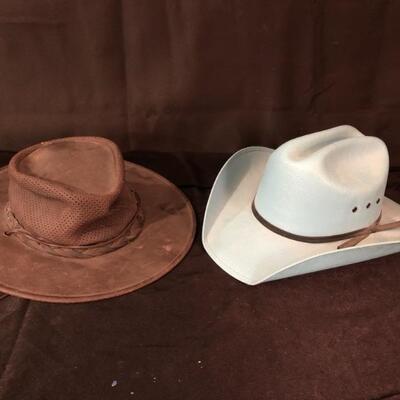 White Straw Cowboy Hat, unmarked approx Size 7, & Minnetonka Genuine Leather Fold-Up Outdoorsman Hat, Size Small