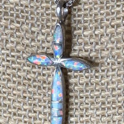 Sterling Silver & Inlaid Opal Cross Necklace