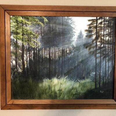 Sunlit Forrest Meadow, Framed Oil on Canvas