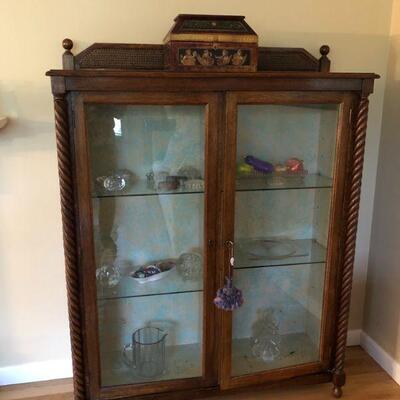 Antique Oak Display Cabinet with Glass Shelves (57in H x 14in D x 44in L)
