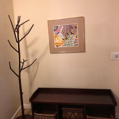 Metal Hall Tree/Coat Rack (69in H), Bench 50in L x 16.5in D x 20in Tall). Decorative Framed Art.