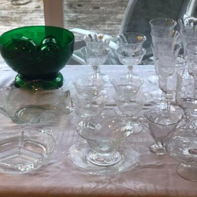 Heisey Orchid Etched Glass,  Anchor Hocking Green Punch Bowl Set with Base.
