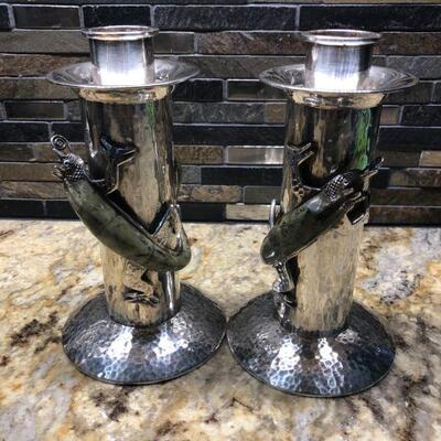 Vintage Los Castillo  Taxco Silverplated Candlesticks with Malachite Lizards