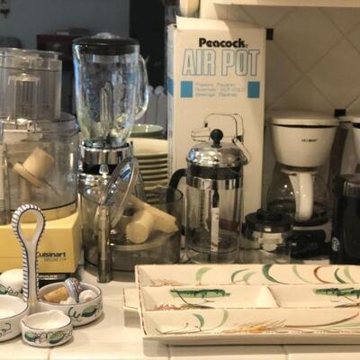 Cuisinart, Blender, Italian Ceramic Serving Pieces, Air Pot, Mr. Coffee, French Press.