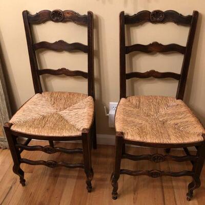 Antique Ladderback Chairs with Rush Seats (total of 4 chairs). (Each 3ft H, Seats measure 16.5 x 16 and 18in H)