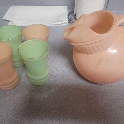 Pink and lime green milk glass set