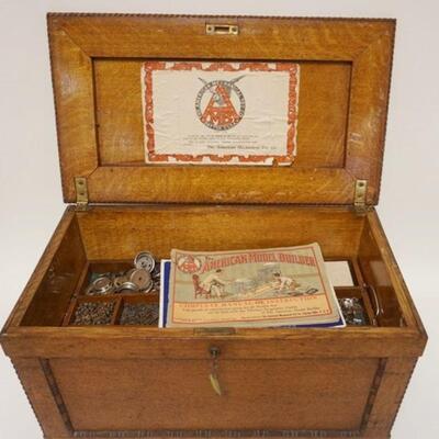 1055	THE AMERICAN MODEL BUILDER ANTIQUE TOY, MECHANICAL BUILDING SET IN ORIGINAL LARGE OAK CHEST W/KEY, APPROXIMATELY 22 IN X 12 IN X 11...