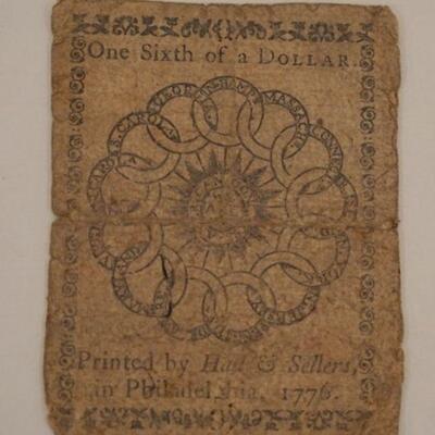 1149	1776 PHILADELPHIA COLONIAL CURRENCY ONE SIXTH OF A DOLLAR, HALL & SELLERS
