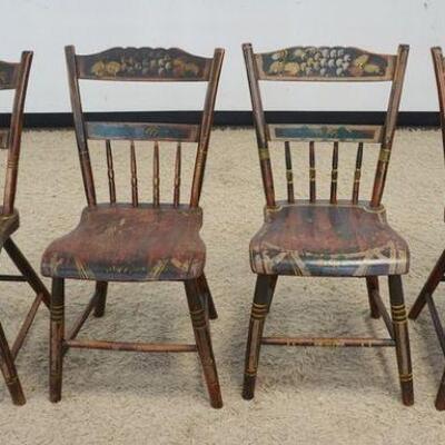 1003	SET OF 4 ANTIQUE PLANK BOTTOM COUNTRY CHAIRS, PAINT DECORATED, HALF BACK
