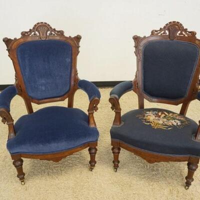1037	PAIR OF WALNUT VICTORIAN CARVED ARMCHAIRS, UPHOLSTERED
