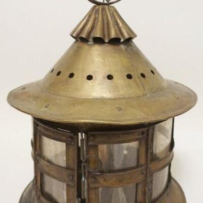 1231	UNUSUAL LARGE BRASS CANDLE LANTERN WITH MICA PANELS, APPROX 12 IN X 17 IN HIGH
