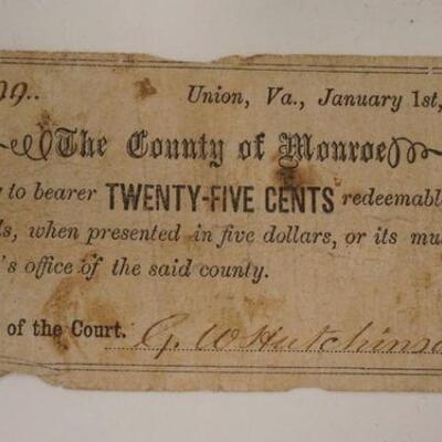 1137	25 CENTS US FRACTIONAL CURRENCY, CIVIL WAR, CONFEDERATE, THE COUNTY OF MONROW UNION VA 1863
