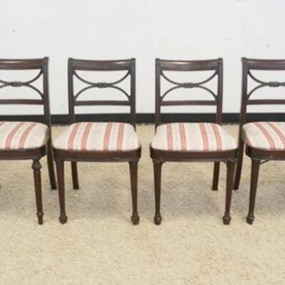 1022	6 MAHOGANY DUNCAN PHYFE STYLE DINIG ROOM CHAIRS, 2 ARM, 4 SIDE, 2 CHAIRS HAVE TAPERED RATHER THAN SPADE FEET
