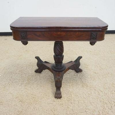 1038	ANTIQUE MAHOGANY FEDERAL GAME TABLE W/CARVED FALCONS OVER PAW FEET, APPROXIMATELY 36 IN X 18 IN X 29 IN HIGH
