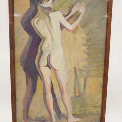 1267	OIL PAINTING ON BOARD OF NUDE, FRAMED & UNDER GLASS, APPROXIMATELY 16 1/2 IN X 26 1/4 IN OVERALL
