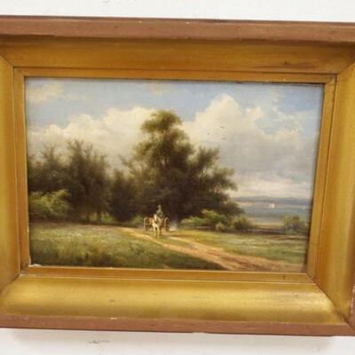 1274	ANTIQUE OIL PAINTING ON BOARD, MAN IN HORSE DRAWN CART ALONG LAKE SIDE, APPROXIMATELY 11 1/2 IN X 14 3/4 IN OVERALL
