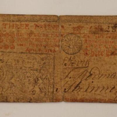 1154	1762 APRIL 8TH COLONIAL CURRENCY THREE POUNDS, WOODBRIDGE NEW JERSEY, JAMES PARKER
