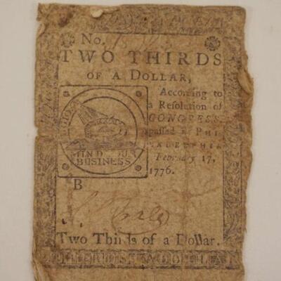 1148	1776 PHILADELPHIA COLONIAL CURRENCY TWO THIRDS OF A DOLLAR, HALL & SELLERS
