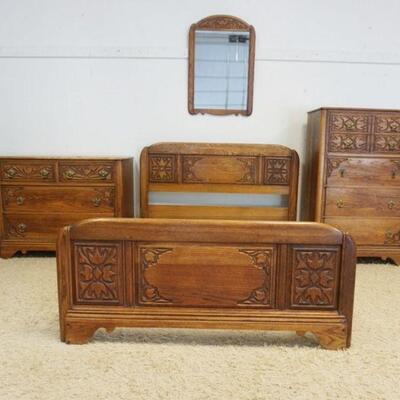1181	4 PIECE SOLID OAK BEDROOM SET W/LEAF CARVED DRAWER FRONTS, 2 PULLS NONMATCHING, FULL SIZE BED, TALL CHEST APPROXIMATELY 34 IN X 18...