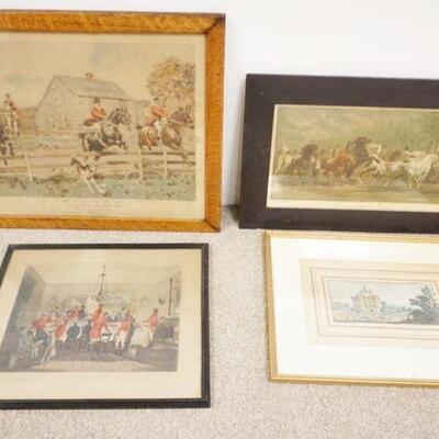 1257	LOT OF 4 FRAMED PRINTS & ENGRAVINGS, THE QUEENS COUNTY HUNT, BACHELOR'S HALL, HORSE FAIR, LARGEST IS APPROXIMATELY 20 IN X 24 IN
