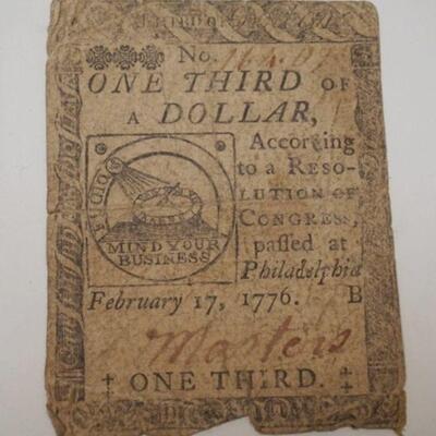 1140	1776 PHILADELPHIA COLONIAL CURRENCY, ONE THIRD OF A DOLLAR *MIND YOUR BUSINESS*
