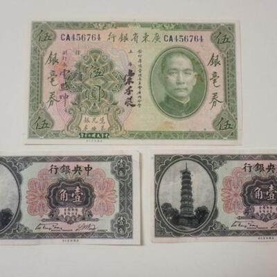 1173	CENTRAL BANK OF CHINA, THE KWANGTUNG PROVINCIAL BANK PAPER CURRENCY 3 PIECE LOT, 5 DOLLARS & 10 CENTS
