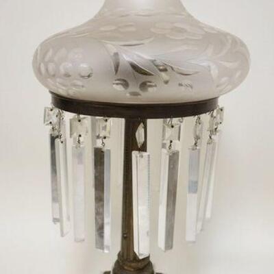 1062	ASTRAL STYLE BRONZE & MARBLE LAMP, REEDED COLUMN W/ETCHED & FROSTED SHAPE, APPROXIMATELY 25 IN HIGH

