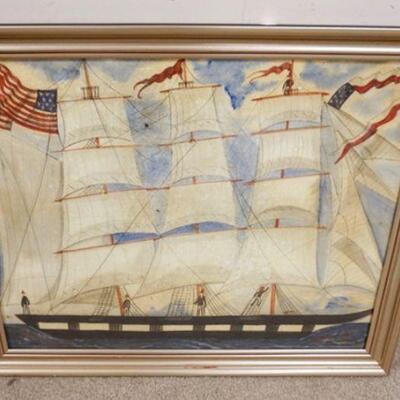 1280	CONTEMPORARY FRAMED FOLK ART STYLE AMERICAN SAILING SHIP, SIGNED LOWER RIGHT, APPROXIMATELY 26 1/2 IN X 32 1/4 IN
