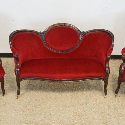 1018	VICTORIAN 3 PIECE UPHOLSTERED PARLOR SET, LOVESEAT, ARMCHAIR & SIDE CHAIR, LOVESEAT IS APPROXIMATELY 27 IN X 36 IN HIGH
