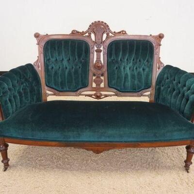 1036	WALNUT VICTORIAN UPHOLSTERED LOVESEAT W/TUFTED ARMS & BACK, APPROXIMATELY 58 IN X 43 IN HIGH
