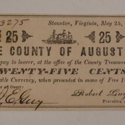 1134	25 CENTS US FRACTIONAL CURRENCY, CIVIL WAR, THE COUNTY OF AUGUSTA, 1862, STAUTON VIRGINIA
