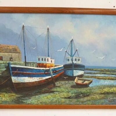 1263	LARGE OIL PAINTING ON CANVAS SIGNED K HARRISON OF FISHING BOATS DOCKED ON SHORE, APPROXIMATELY 26 1/2 IN X 38 1/2 IN

