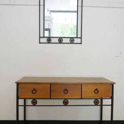 1190	3 DRAWER METAL & PINE STAND W/MIRROR & COLORED GLASS BULLSEYES ON STAND & MIRROR, APPROXIMATELY 47 IN X 17 IN X 30 IN HIGH
