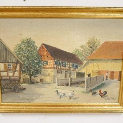 1268	OIL PAINTING ON BOARD SIGNED, EUROPEAN FARM SCENE, APPROXIMATELY 16 1/2 IN X 22 1/4 IN OVERALL
