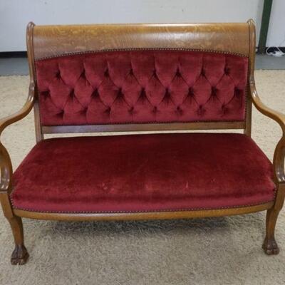 1207	CLAW FOOT TIGER OAK SETTEE TUFTED BACK, 51 3/4 IN W, 29 IN DEEP, 40 1/2 IN H 
