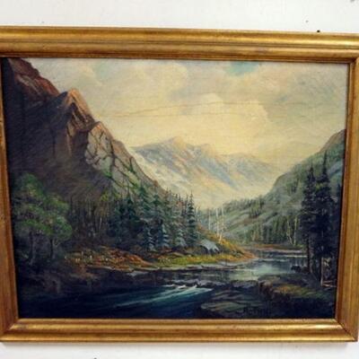 1219	LARGE ANTIQUE OIL PAINTING ON CANVAS OF MOUNTAIN SIDE AND STREAM, APPROXIMATELY 40 1/4 IN X 33 1/4 IN OVERALL
