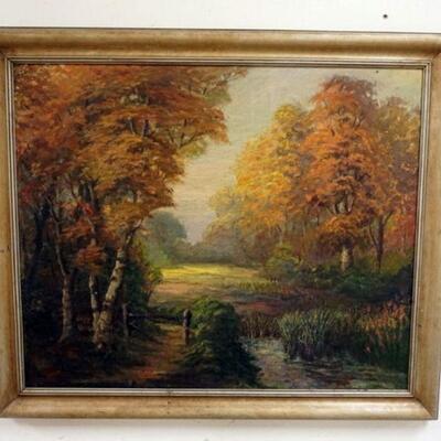 1218	ANTIQUE OIL PAINTING ON CANVAS OF FOREST EDGE AND FIELD, APPROXIMATELY 35 IN X 29 1/2 IN OVERALL
