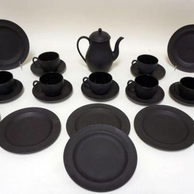 1210	24 PC GROUP OF WEDGWOOD ENGLAND BASALT INCLUDING 7 1/2 IN TEA POT, 8  7 3/4 IN PLATES, 7 CUPS & SAUCERS AND TEA POT LID
